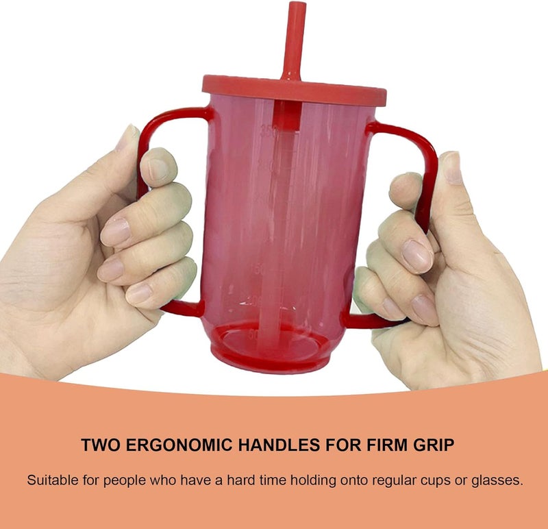 Qancesd Adult Sippy Cup for Elderly 12oz No Spill Cups for Adults 2 Handles Dysphagia Cups with Straw for Disabled Patients, Red - Image 3